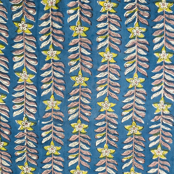 (Pre-Cut 1 Meter )Pure Cotton Jaipuri Blue With Flower Creeper Hand Block Print Fabric