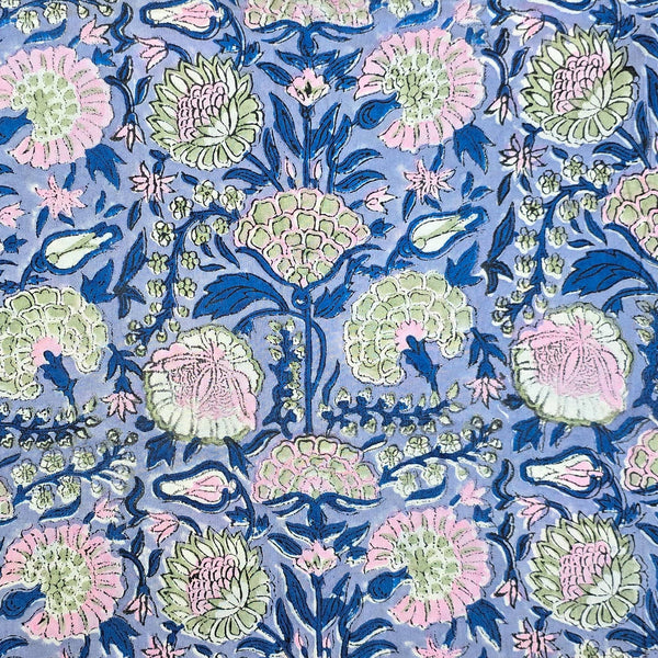 Pure Cotton Jaipuri Blue With Green And Pink Jungle Flower Jaal Hand Block Print Fabric