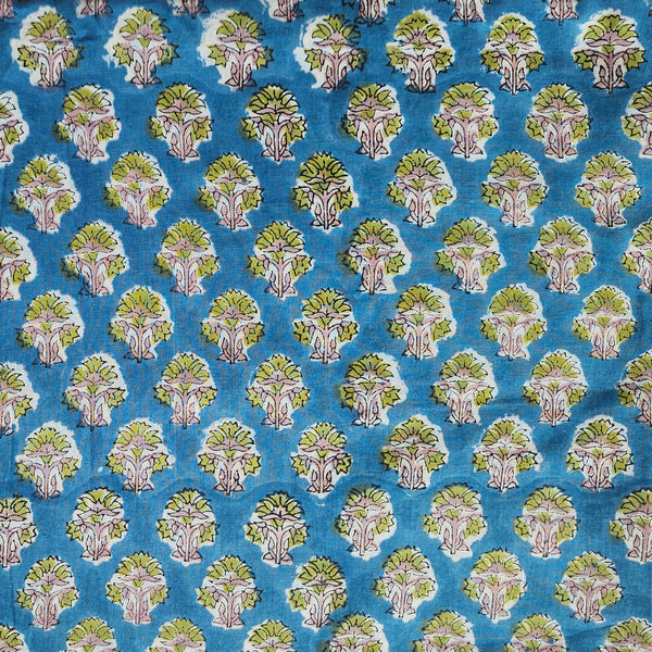 Pure Cotton Jaipuri Blue With Green Flower Buds Motif Hand Block Print Fabric