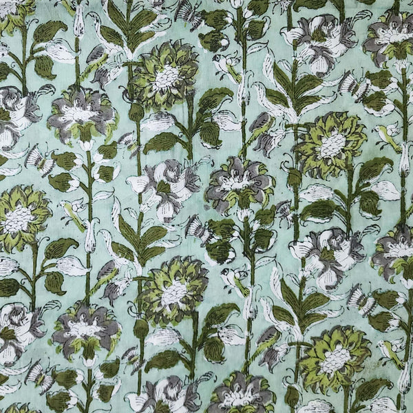 Pre Cut (1 Meter) Pure Cotton Jaipuri Blue With Green Flower Creeper Hand Block Print Fabric