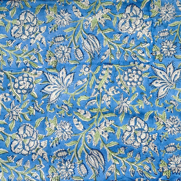 Pure Cotton Jaipuri Blue With Green Jungle Flower And Fruit Jaal Hand Block Print Fabric