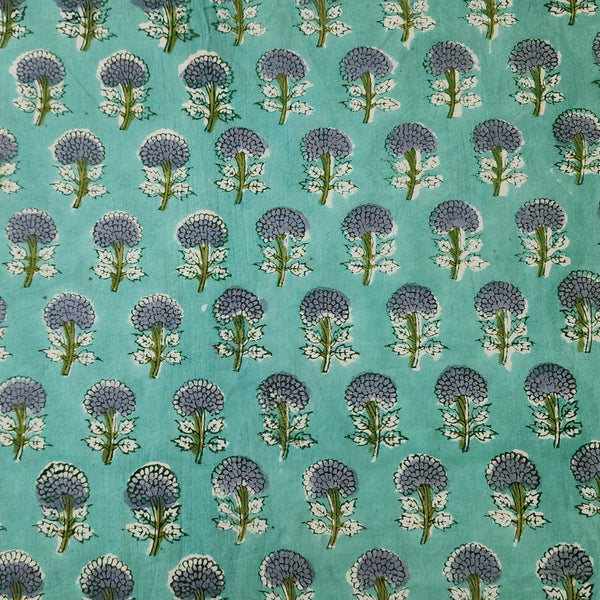 ( PRE-CUT 0.85 METER ) Pure Cotton Jaipuri Blue With Grey Flower Motif Hand Block Print Fabric