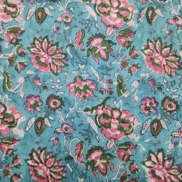 ( Pre-Cut 2 Meter ) Pure Cotton Jaipuri Blue With Light Pink And Green Flower Jaal Hand Block Print Fabric