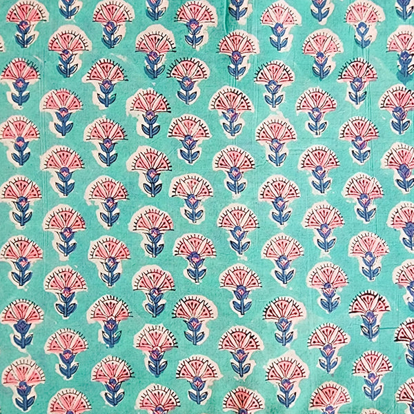 Pure Cotton Jaipuri Blue With Light Pink Small Flower Plant Motif Hand Block Print Fabric