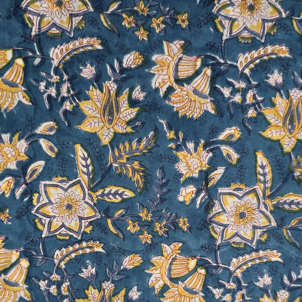 Per Cut (1.40 Meter) Pure Cotton Jaipuri Blue With Light Yellow Flower Jaal Hand Block Print Fabric