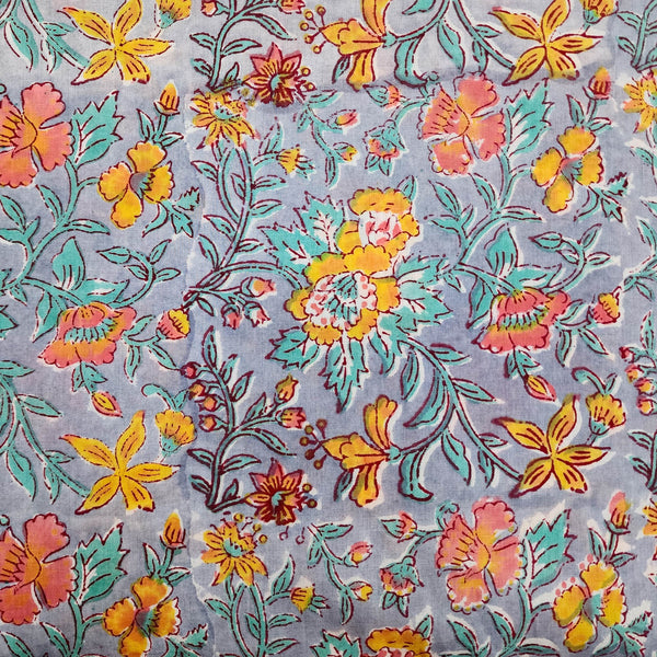 ( Pre-Cut 1.75 Meter ) Pure Cotton Jaipuri Blue With Mustard And Orange Jaal Hand Block Print Fabric