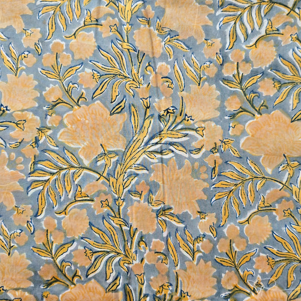 Pure Cotton Jaipuri Grey With Mustard Flower Jaal Hand Block Print Fabric