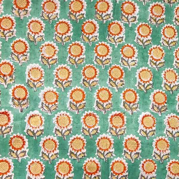 Pure Cotton Jaipuri Blue With Orange Sunflower Motif Hand Block Print Fabric