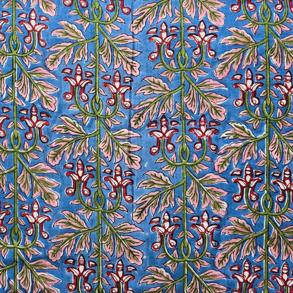 Pure Cotton Jaipuri Blue With Peach And Red Flower Jaal  Hand Block Print Fabric