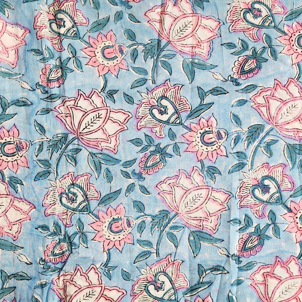 Pure Cotton Jaipuri Blue With Peach Flower Jaal Hand Block Print Fabric