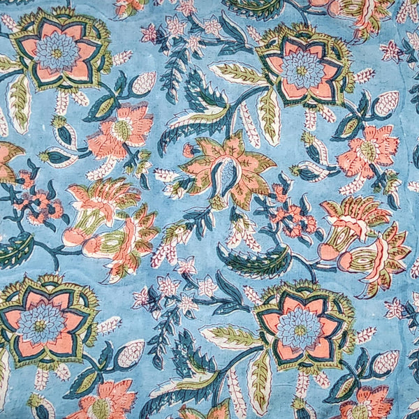 Pure Cotton Jaipuri Blue With Peach Flower Jaal Hand Block Print Fabric