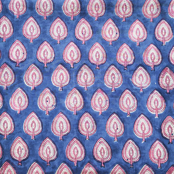 Pure Cotton Jaipuri Blue With Pink And White Leaf Motif Hand Block Print Fabric