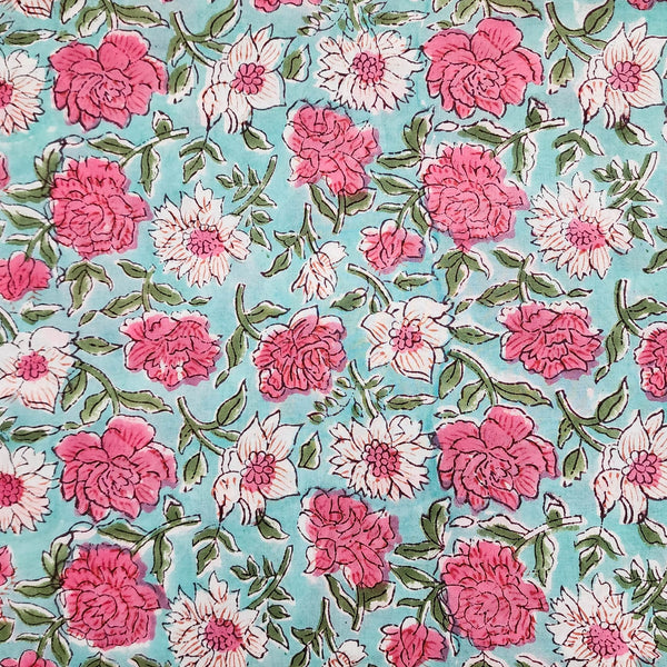 ( Pre-Cut 1.85 Meter ) Pure Cotton Jaipuri Blue With Pink And White Rose Jaal Hand Block Print Fabric