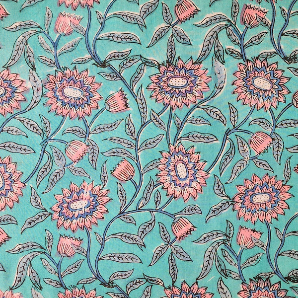 Pure Cotton Jaipuri Blue With Pink Flower And Dark Blue Jaal Hand Block Print Fabric