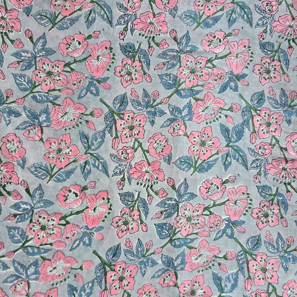 Pure Cotton Jaipuri Blue With Pink Flower Jaal Hand Block Print Fabric