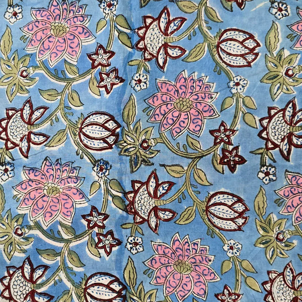 Pre-Cut 0.80 Meter Pure Cotton Jaipuri Blue With Pink Flower Jaal Hand Block Print Fabric