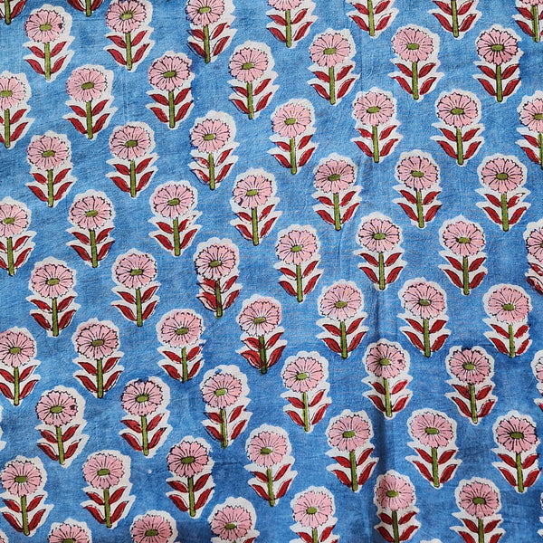 Pure Cotton Jaipuri Blue With Pink Flower Motif Hand Block Print Fabric