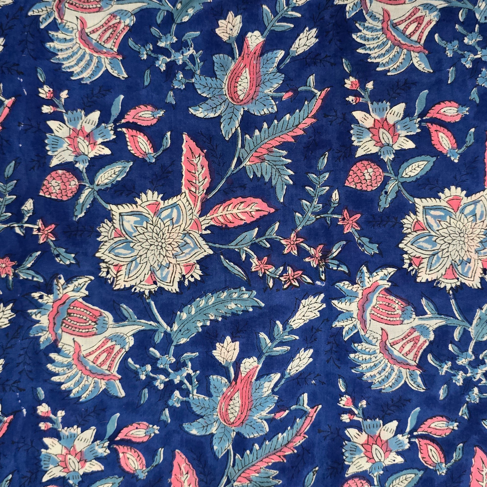 Pure Cotton Jaipuri Blue With Pink Light Blue And White Floral Jaal Ha ...