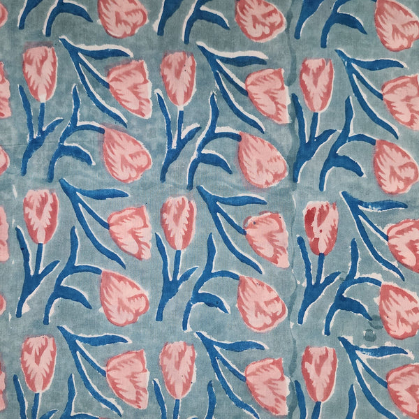 ( Pre-Cut 2.32 Meter ) Pure Cotton Jaipuri Blue With Pink Rose Flower Creeper Hand Block Print Fabric