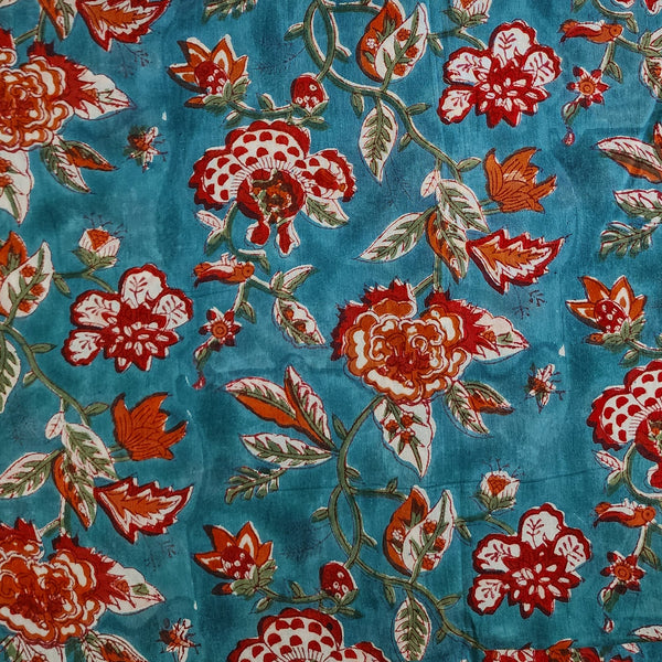 Pure Cotton Mul Jaipuri Blue With Red Flower Jaal Hand Block Print Fabric