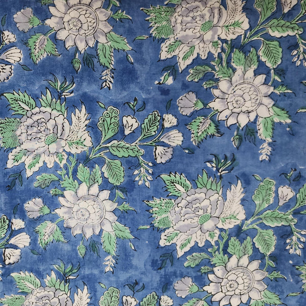 Pre-Cut 1.70 Meter Pure Cotton Jaipuri Blue With Sunflower Jaal Hand Block Print Fabric