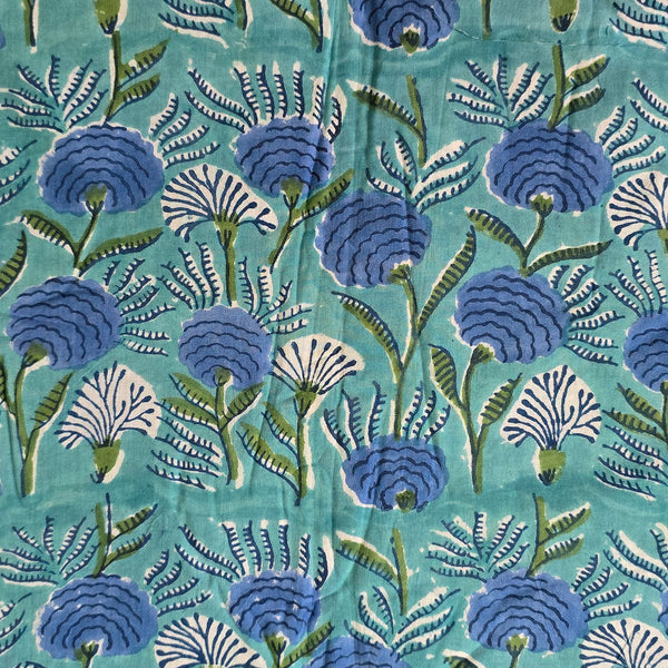 ( Pre-Cut 1 Meter )Pure Cotton Jaipuri Blue With White And Blue Flower Hand Block Print Fabric