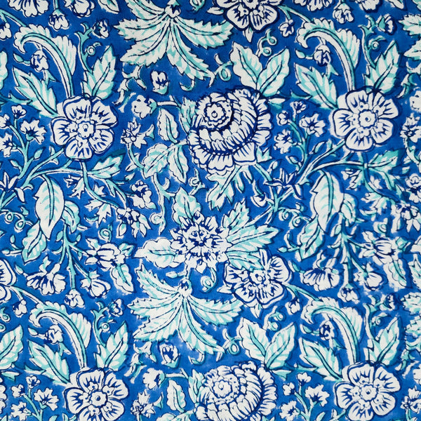 Pre-cut 2.45 meter Pure Cotton Jaipuri Blue With White And Light Blue Flower Intricate Design Hand Block Print Fabric