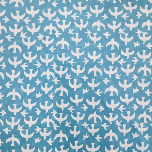 ( Pre-Cut 1.85 MeterPure Cotton Jaipuri Blue With White Birds Flying Hand Block Print Fabric