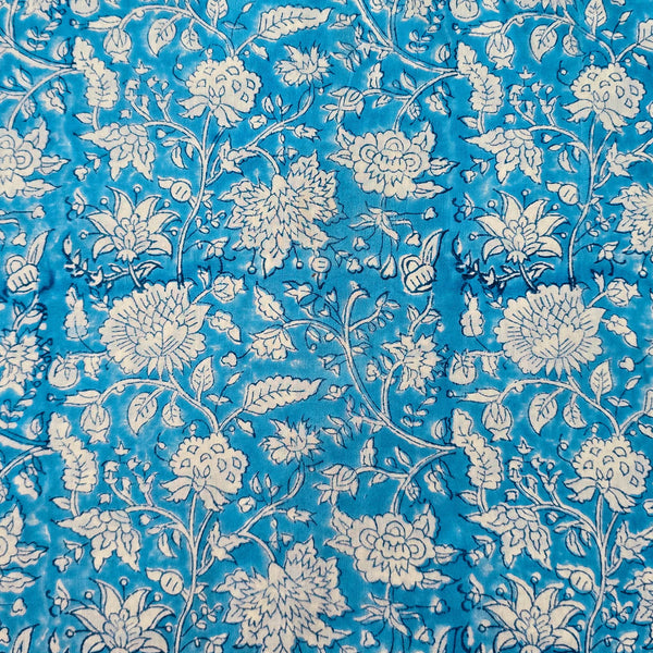 Pre Cut (0.85 Meter) Pure Cotton Jaipuri Blue With White Flower Jaal Hand Block Print Fabric