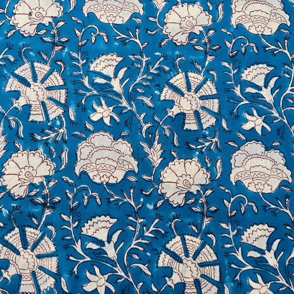 Pure Cotton Jaipuri Blue With White Flower Jaal Hand Block Print Fabric