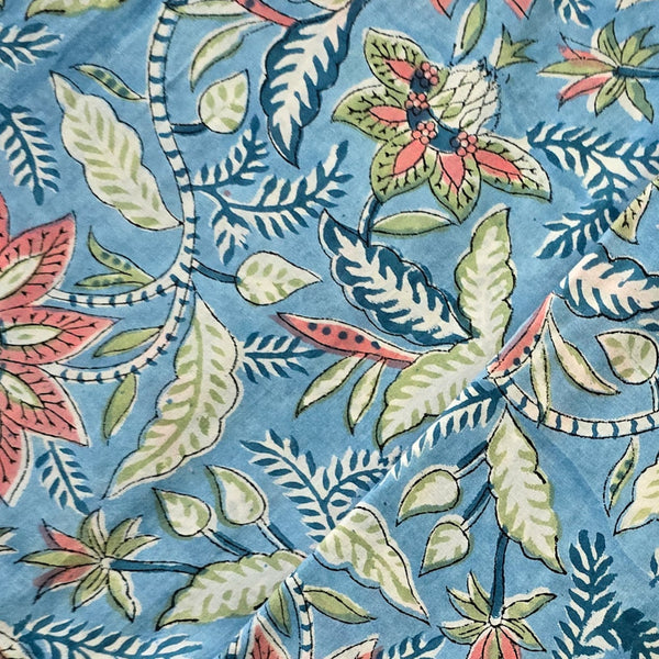 Pre Cut (1.65 Meter) Pure Cotton Jaipuri  Blue With Wild Peach  Floral Jaal Hand Block Print Fabric