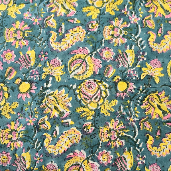 Pure Cotton Jaipuri Blue With Yellow And Pink Lupine Flower Jaal Hand Block Print Fabric