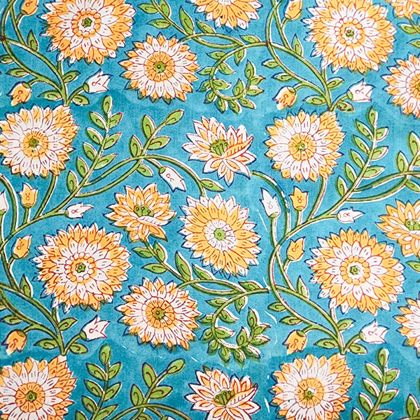 Pure Cotton Jaipuri Blue With Yellow Flower Jaal Hand Block Print Fabric