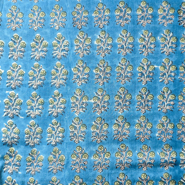 Pure Cotton Jaipuri Blue With Yellow Flower Moti Hand Block Print Fabric