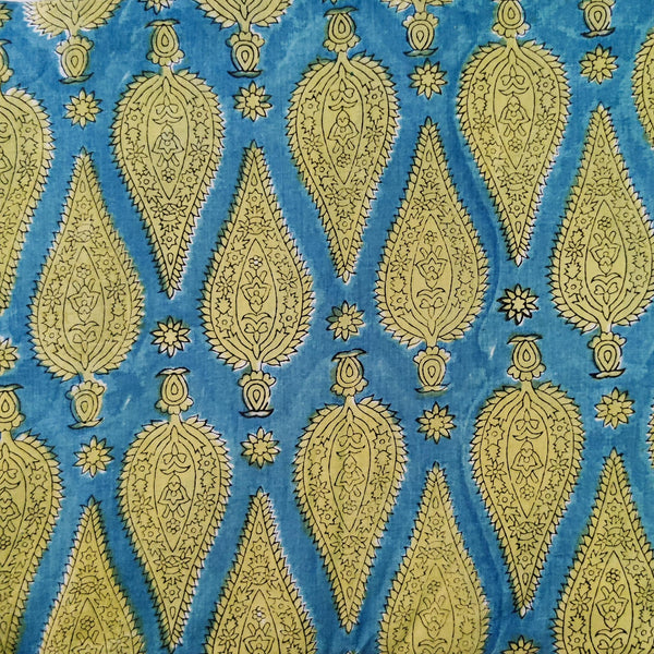 ( Pre-Cut 1.80 Meter ) Pure Cotton Jaipuri Blue With Yellow Tribal Cypress Hand Block Print Fabric