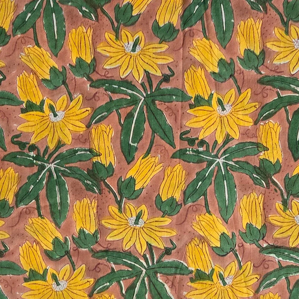 ( PRE-CUT 1.85 METER ) Pure Cotton Jaipuri Brown With Yellow Flower Jaal Hand Block Print Fabric