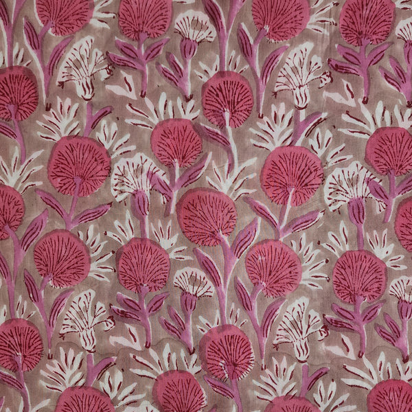 Pre Cut (0.80 Meter) Pure Cotton Jaipuri Chicku Brown With Pink FlowerJaal Hand Block Print Fabric