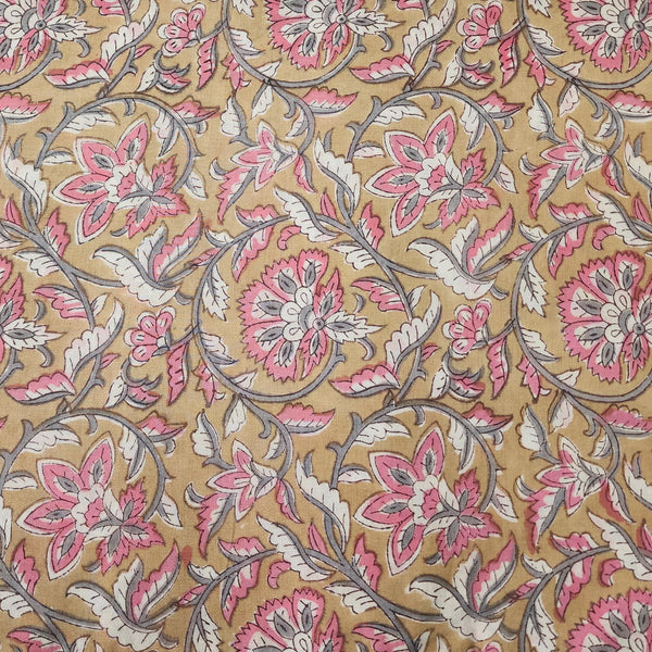 Per Cut (1.90 Meter) Pure Cotton Jaipuri Chicku Colour With Pink Flower Jaal Hand Block Print Fabric