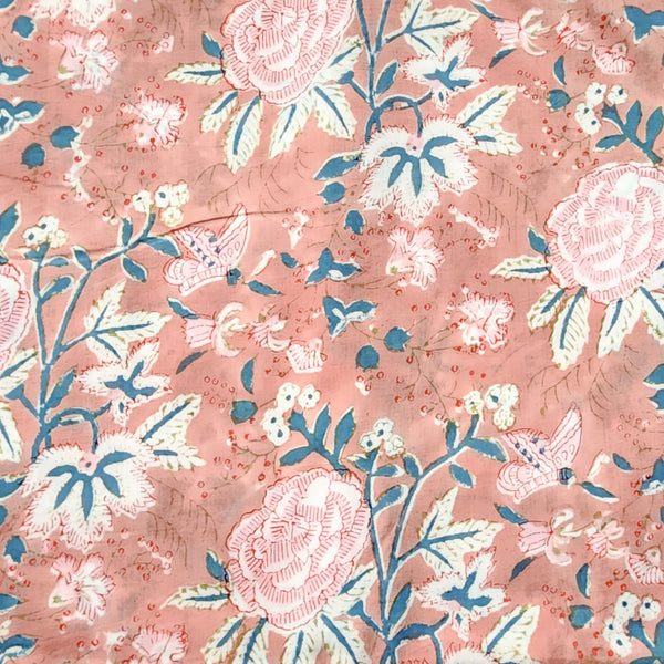 Pure Cotton Jaipuri Chicku Colour With Pink Rose Jaal Hand Block Print Fabric