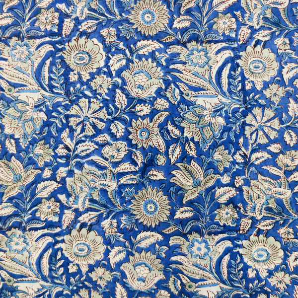 ( Pre-Cut 1.85 Meter ) Pure Cotton Jaipuri Dark Blue With Grey Flower Jaal Hand Block Print Fabric