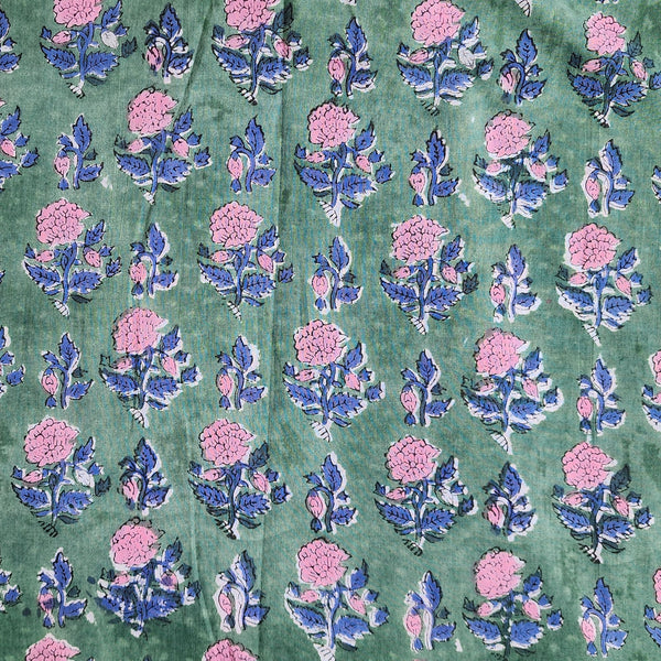 Pure Cotton Jaipuri Dark Green With Pink And Blue Flower Buds Motif Hand Block Print Fabric