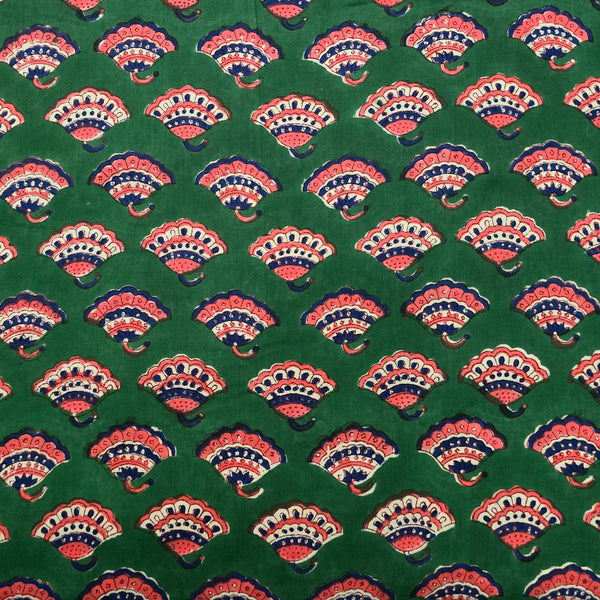 Pre Cut (0.80 Meter) Pure Cotton Jaipuri Dark Green With Pink Shell Motif  Hand Block Print Fabric