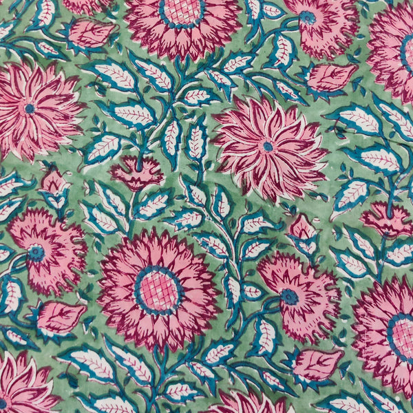 ( Pre-Cut 1.90 Meter ) Pure Cotton Jaipuri Dark Green With Pink Wild Big Flowers Hand Block Print Fabric