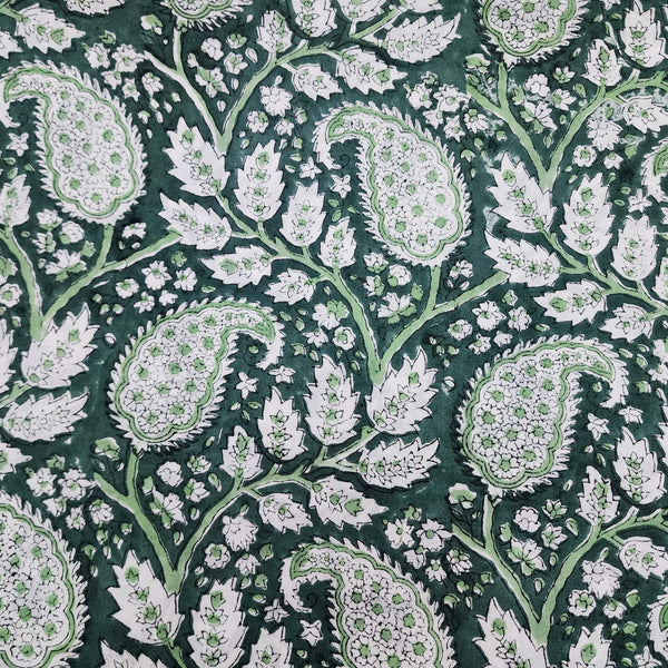 Pre-cut 1.80 meterPure Cotton Jaipuri Dark Green With White Kairi Jaal Hand Block Print Fabric