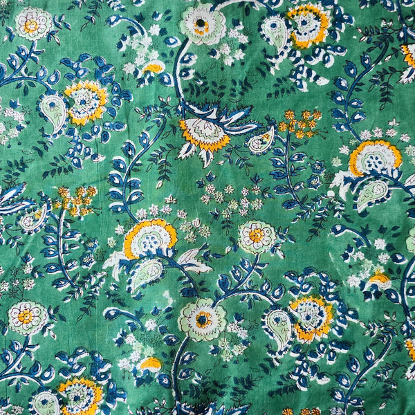 Pure Cotton Jaipuri Dark Green With Yellow Flower Jaal Hand Block Print Fabric