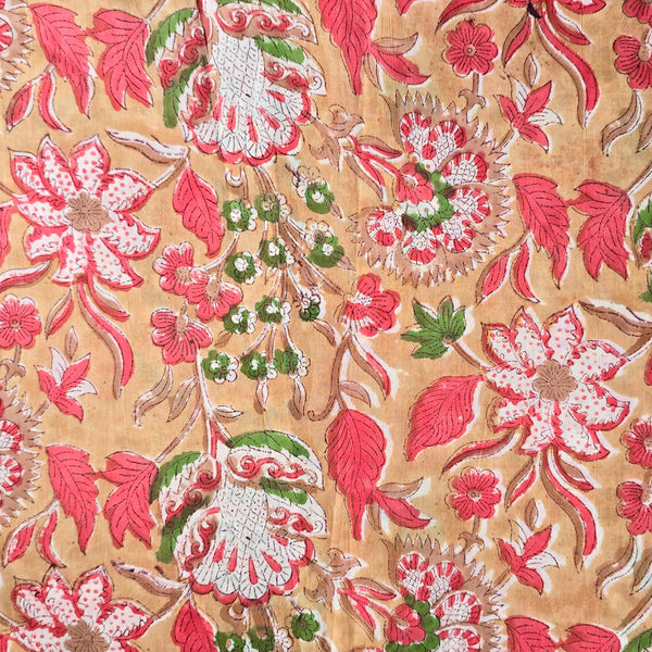 Pure Cotton Jaipuri Dark Peach With Pink Wild Flower Jaal Hand Block Print Fabric