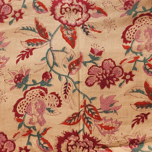 Pure Cotton Jaipuri Beige With Red  Flower Jaal Hand Block Print Fabric