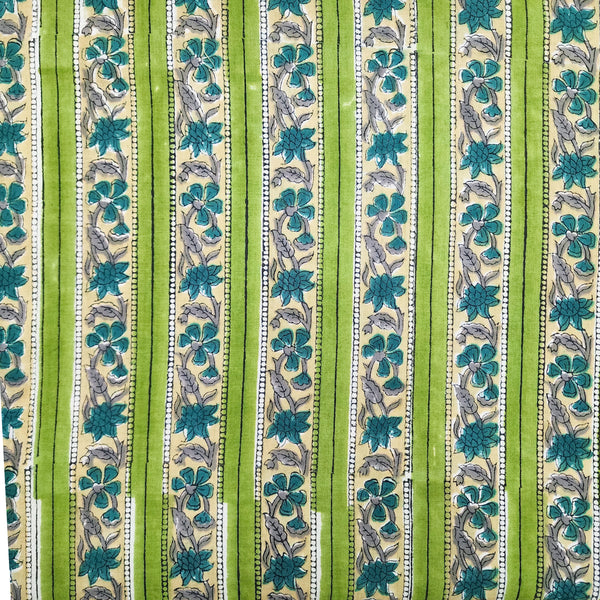 (Pre-Cut 1.45 Meter) Pure Cotton Jaipuri Green Border Creeper Hand Block Print Fabric