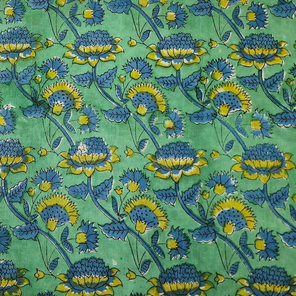 Per Cut (0.80 Meter) Pure Cotton Jaipuri Green With Blue Aster Flower Jaal Hand Block Print Fabric