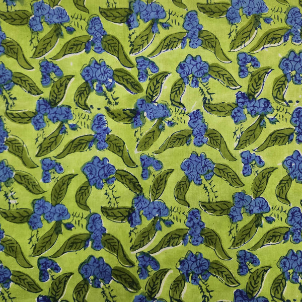 Pre Cut (0.8 Meter) Pure Cotton Jaipuri Green With Blue Flower Creeper Hand Block Print Fabric